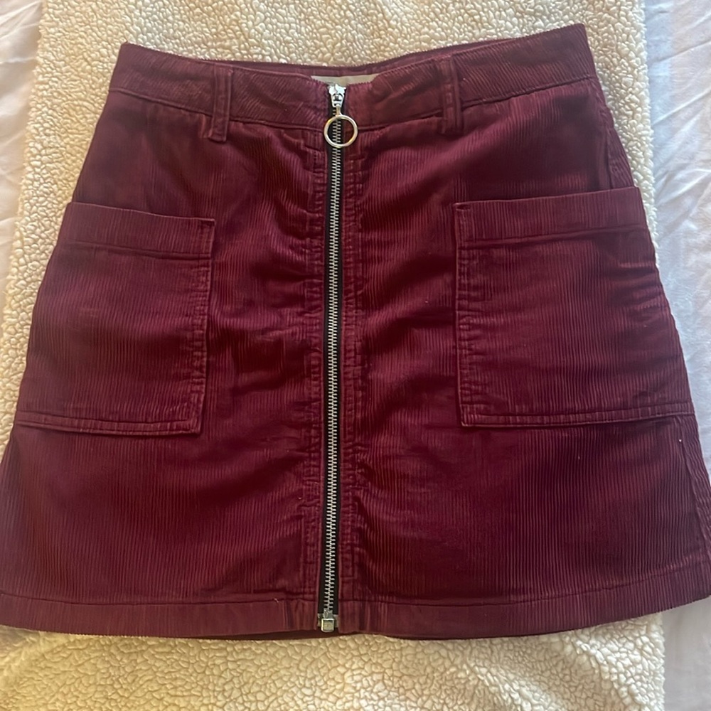 Maroon corduroy zip up mini skirt